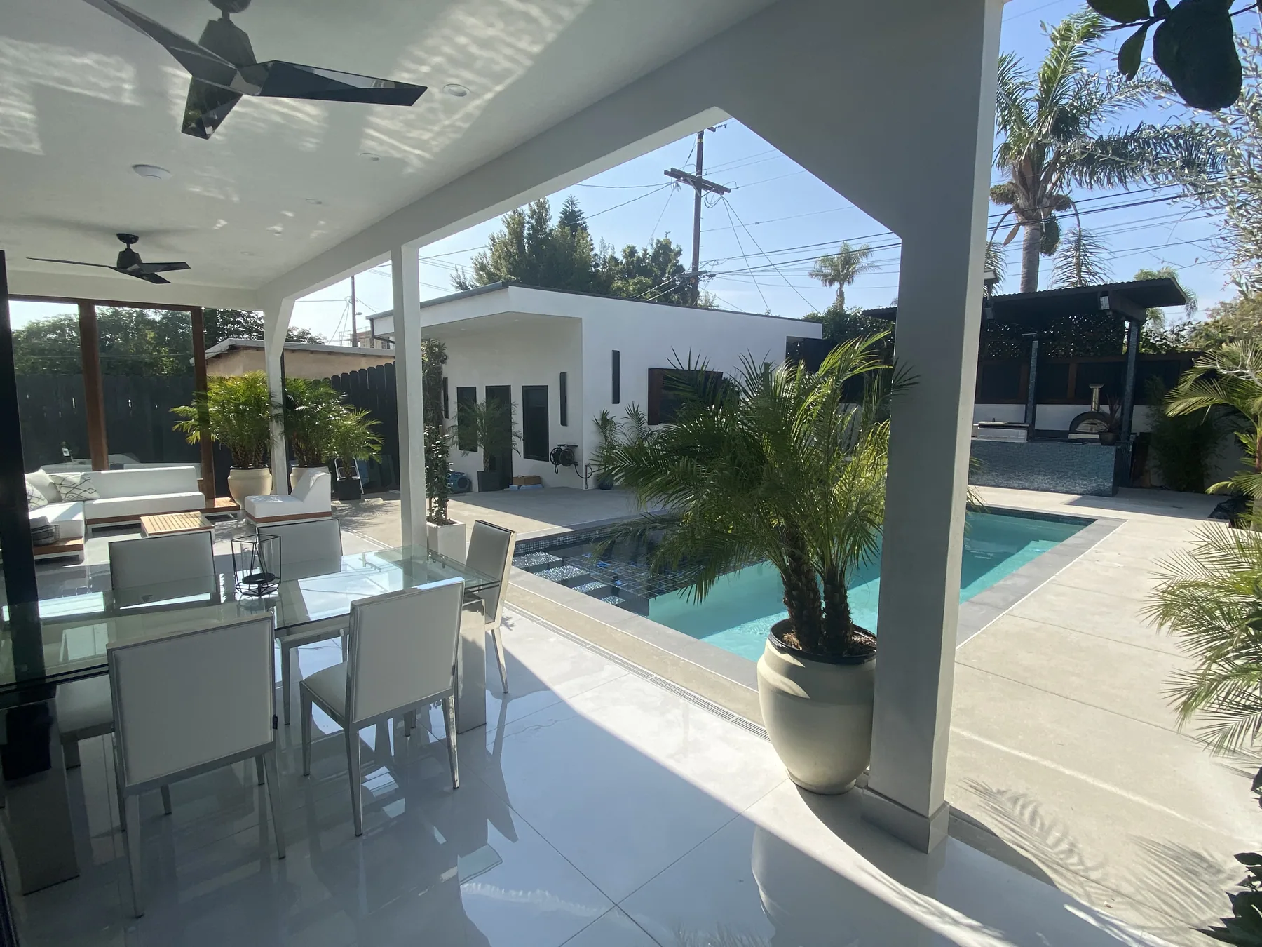 Planter wall and paver patio in a SoCal backyard